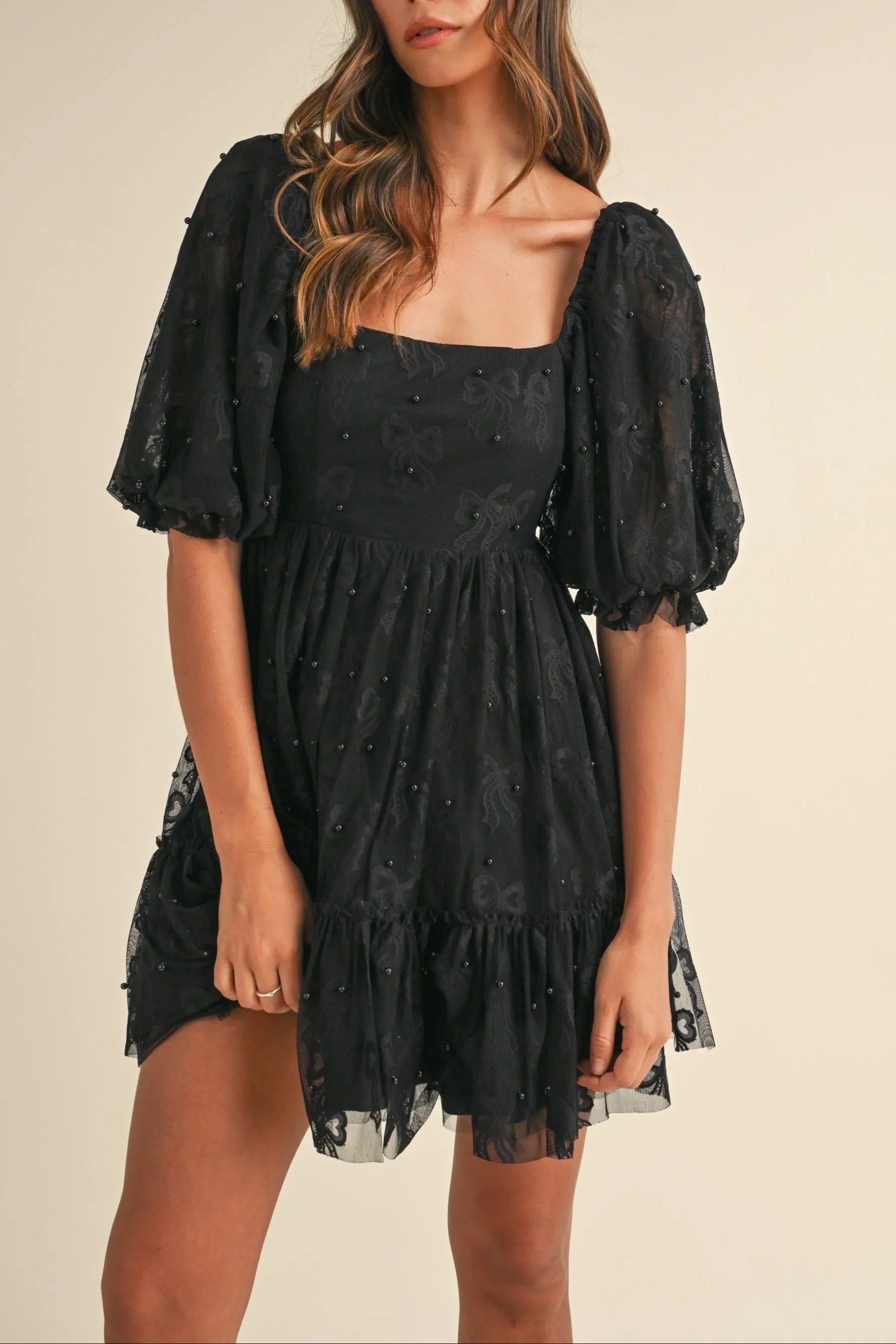 Jacquard Bow & Pearl Detail Mesh Dress - Dresses