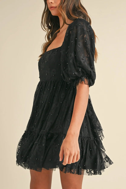 Jacquard Bow & Pearl Detail Mesh Dress - Dresses
