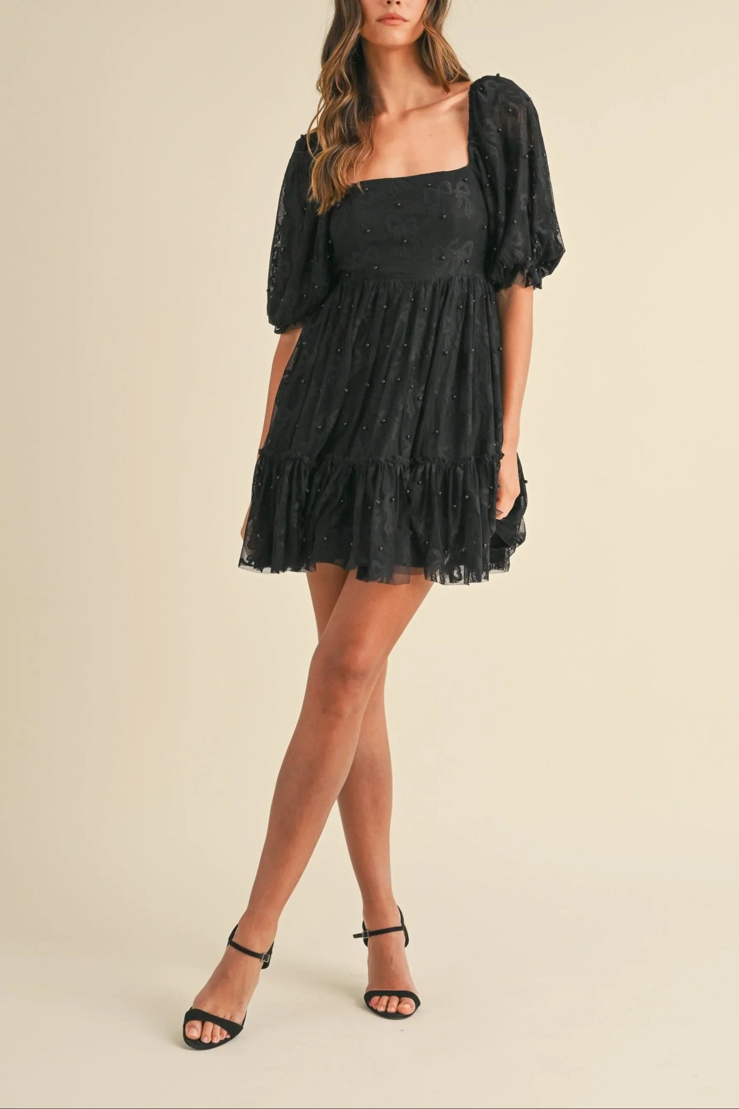 Jacquard Bow & Pearl Detail Mesh Dress - Dresses