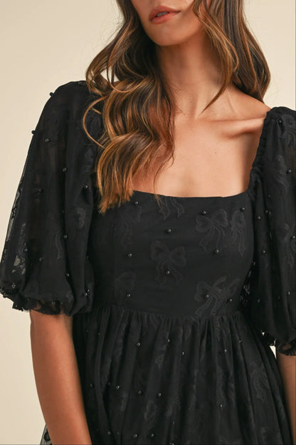 Jacquard Bow & Pearl Detail Mesh Dress - Black Dresses