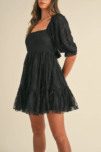 Jacquard Bow & Pearl Detail Mesh Dress - Dresses