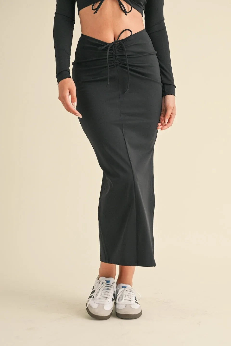 Ruched Side Slit Fitted Maxi Skirt — Sleek Elegant Modern Everyday Style - Skirts