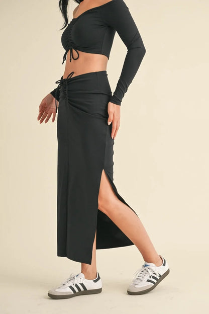 Ruched Side Slit Fitted Maxi Skirt — Sleek Elegant Modern Everyday Style - Skirts