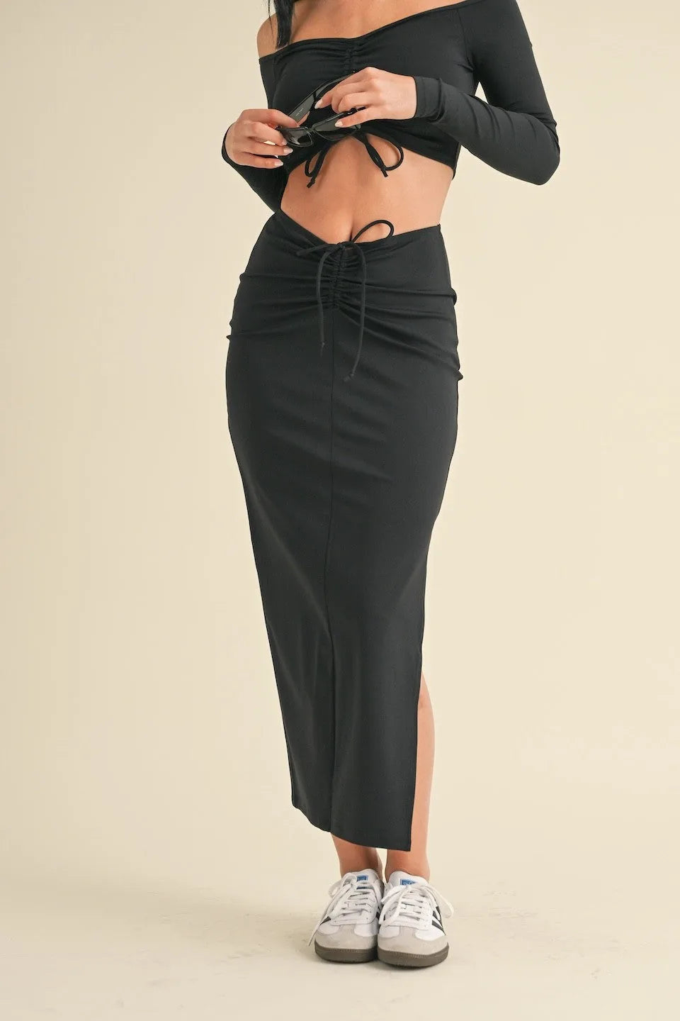 Ruched Side Slit Fitted Maxi Skirt — Sleek Elegant Modern Everyday Style - Skirts