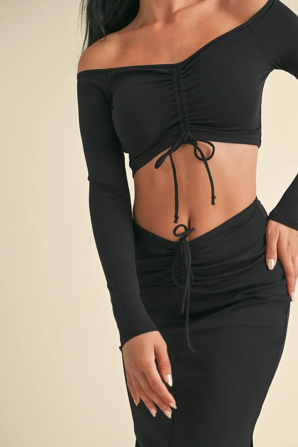 Ruched Off-Shoulder Long Sleeve Crop Top — Chic Fashionable Figure-Highlighting Everyday Style - Crop Tops