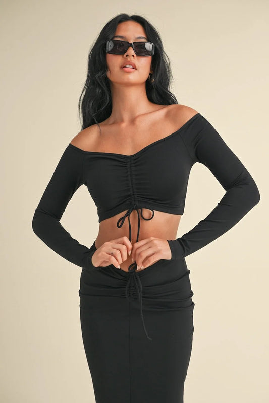 Ruched Off-Shoulder Long Sleeve Crop Top — Chic Fashionable Figure-Highlighting Everyday Style - Black Crop Tops