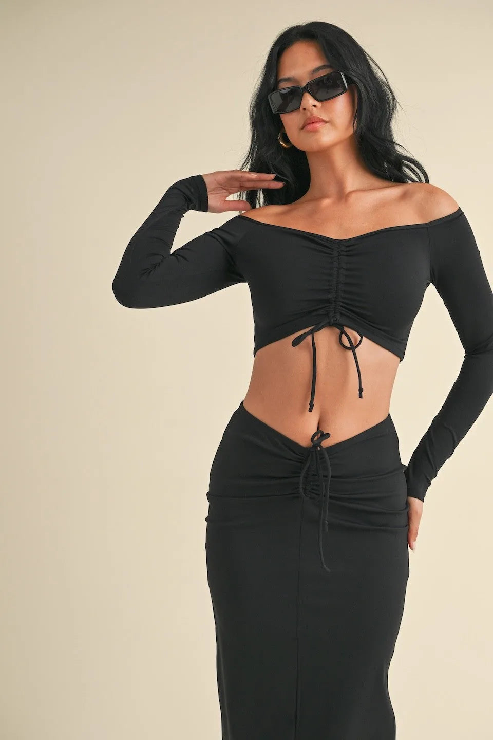 Ruched Off-Shoulder Long Sleeve Crop Top — Chic Fashionable Figure-Highlighting Everyday Style - Crop Tops