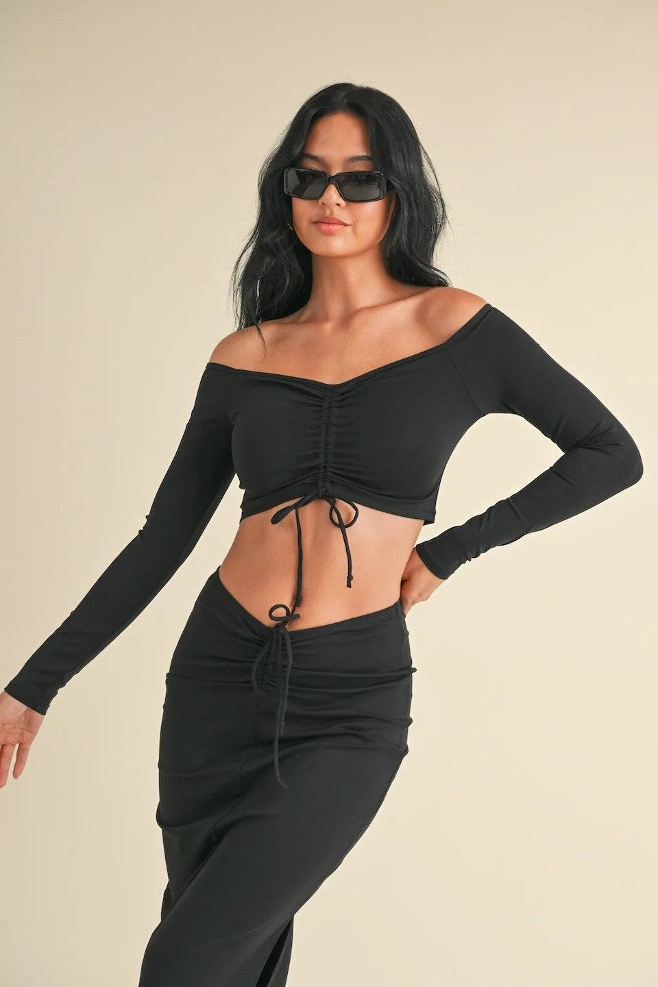 Ruched Off-Shoulder Long Sleeve Crop Top — Chic Fashionable Figure-Highlighting Everyday Style - Crop Tops