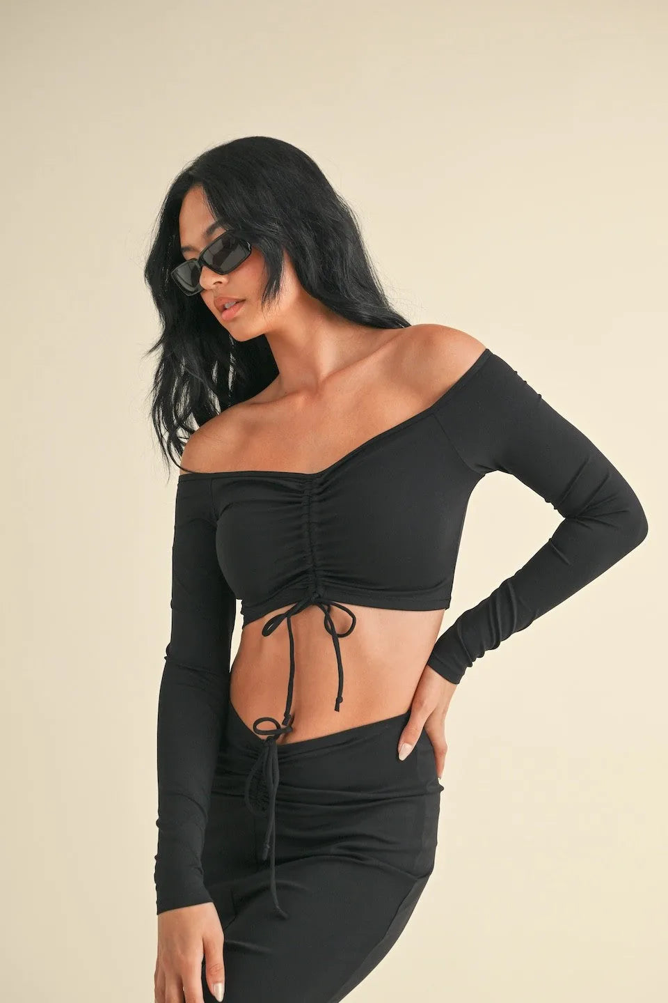 Ruched Off-Shoulder Long Sleeve Crop Top — Chic Fashionable Figure-Highlighting Everyday Style - Crop Tops