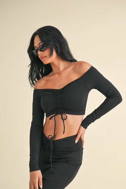 Ruched Off-Shoulder Long Sleeve Crop Top — Chic Fashionable Figure-Highlighting Everyday Style - Crop Tops
