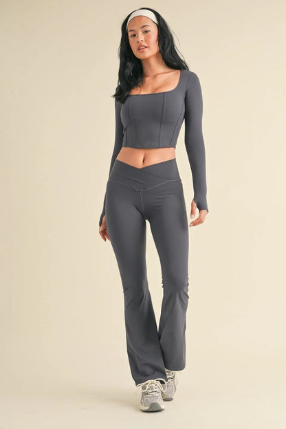 Long Sleeve Structured Corset Crop Top — Figure-Enhancing Bold Statement Elevated Style - Ash Blue Crop Tops