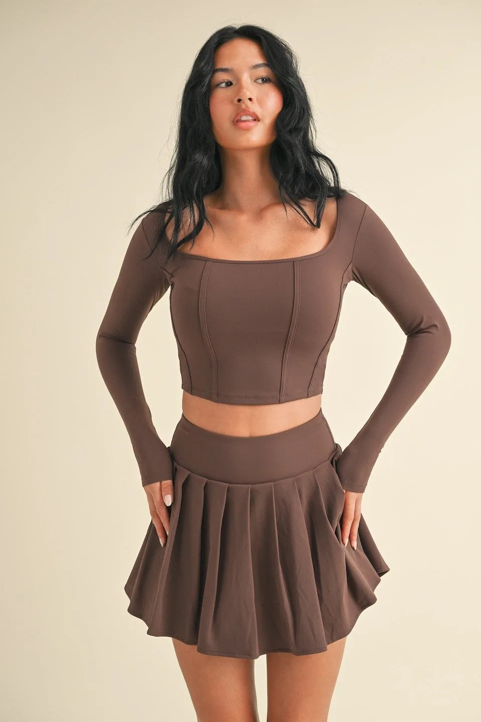 Long Sleeve Structured Corset Crop Top — Figure-Enhancing Bold Statement Elevated Style - Chocolate Crop Tops