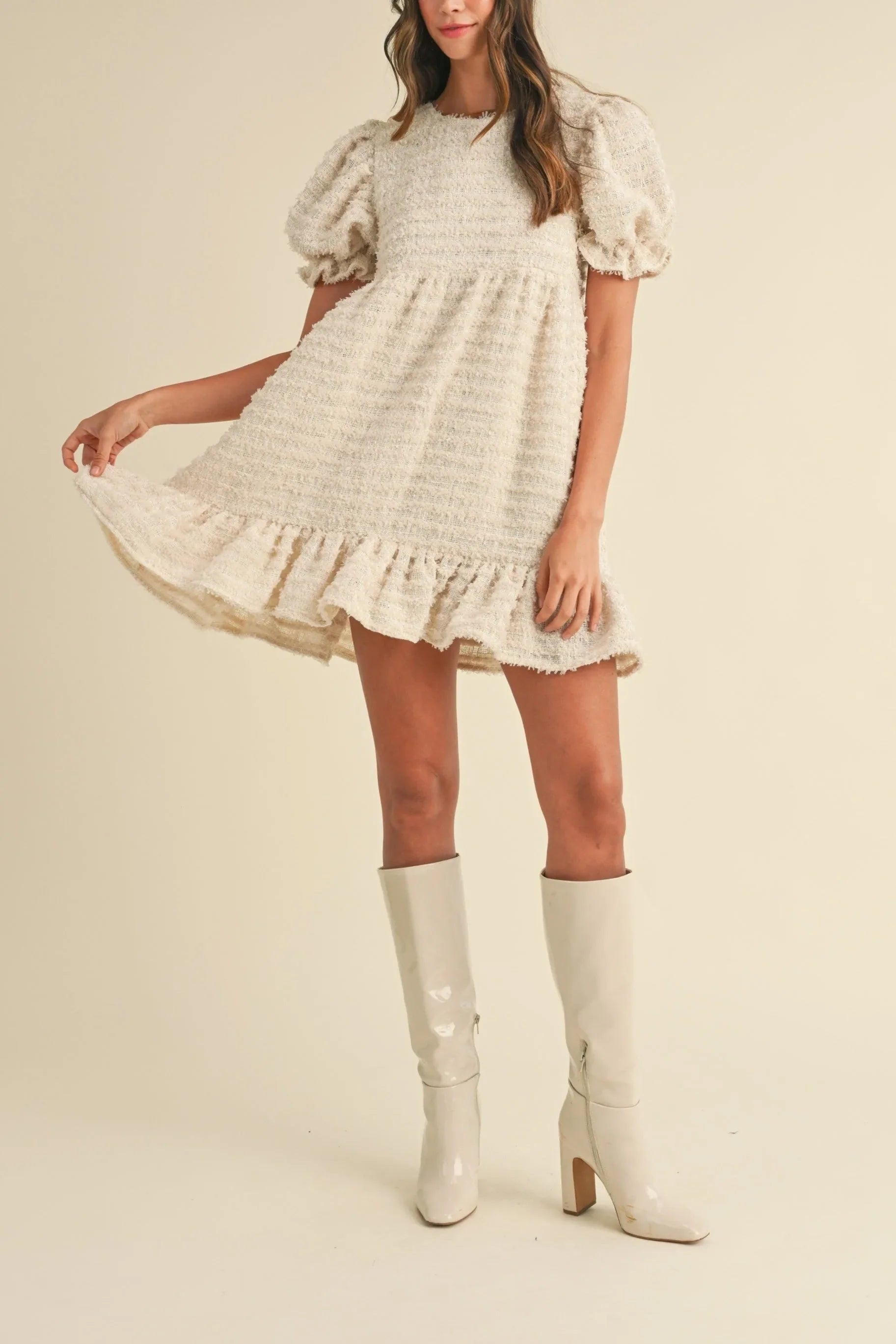 Soft Frayed Textured Babydoll Mini Dress - Dresses
