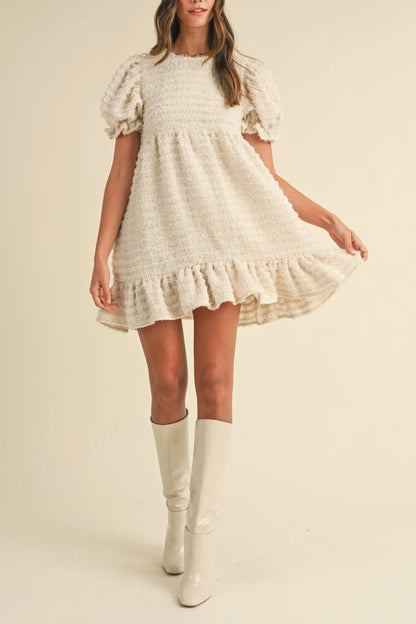 Soft Frayed Textured Babydoll Mini Dress - Cream Dresses