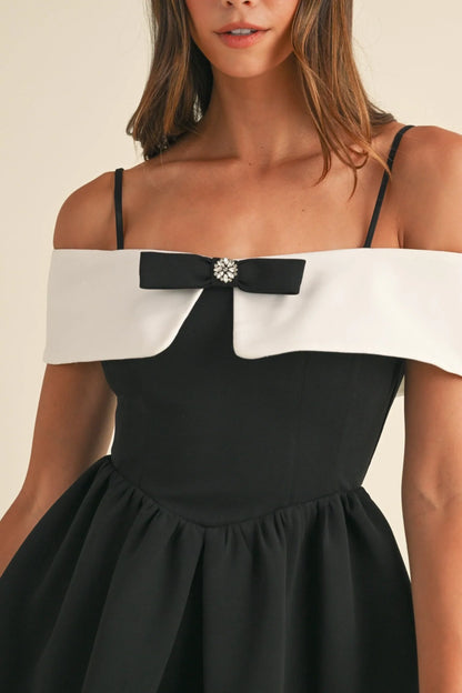 Bow Detail Off Shoulder Contrast Fit & Flare Dress - Dresses