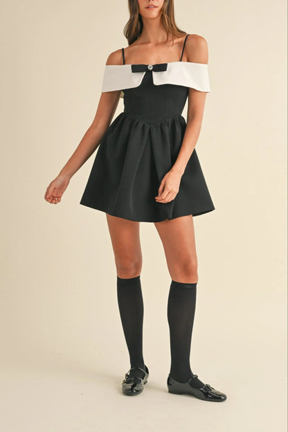 Bow Detail Off Shoulder Contrast Fit & Flare Dress - Dresses