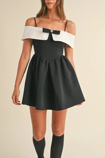 Bow Detail Off Shoulder Contrast Fit & Flare Dress - Black Dresses