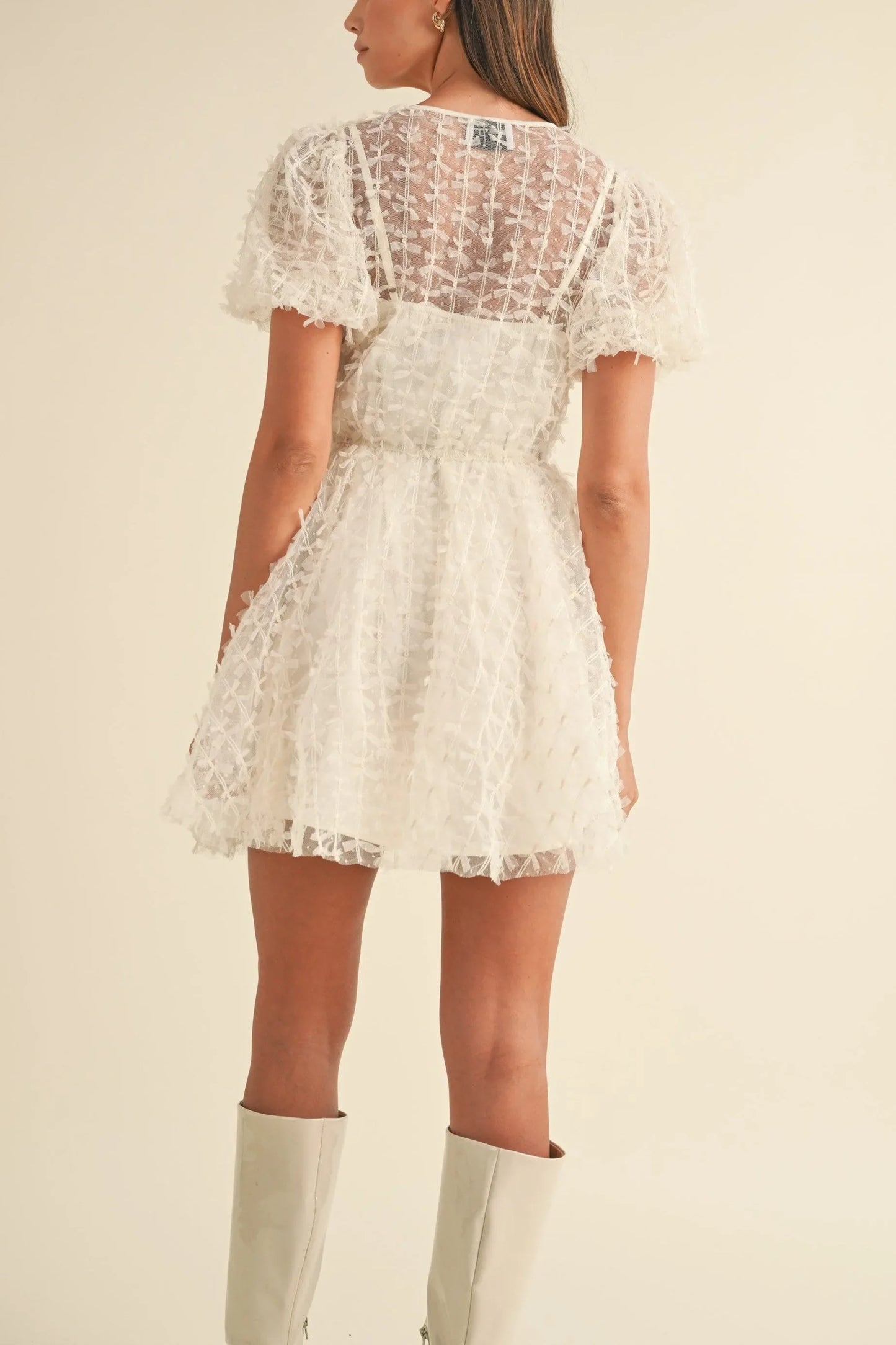 Textured Mesh Puff Sleeve Babydoll Mini Dress — Delicate Feminine Lined Statement Style - Mini Dresses