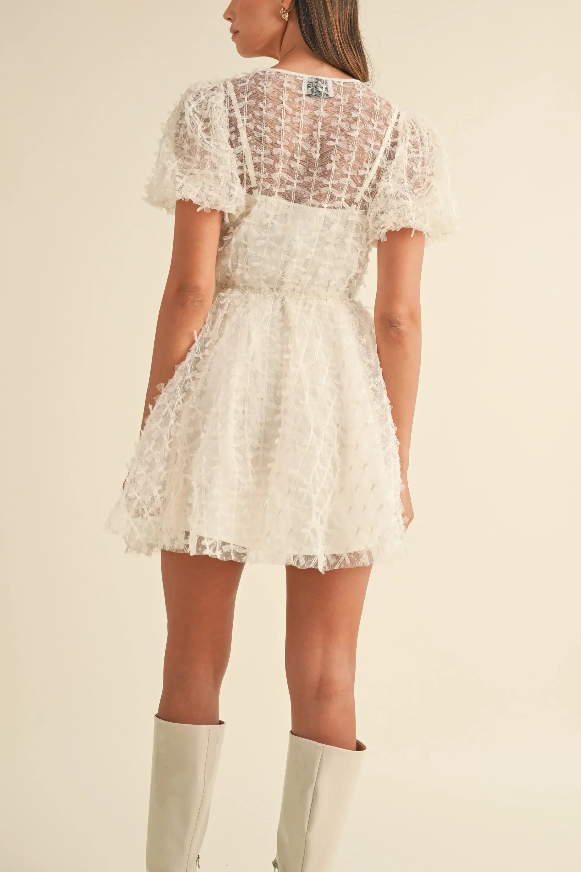 Textured Mesh Puff Sleeve Babydoll Mini Dress — Delicate Feminine Lined Statement Style - Mini Dresses
