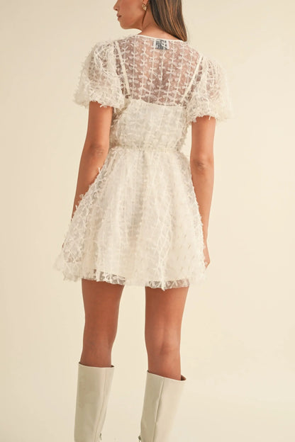 Textured Mesh Puff Sleeve Babydoll Mini Dress — Delicate Feminine Lined Statement Style - Mini Dresses
