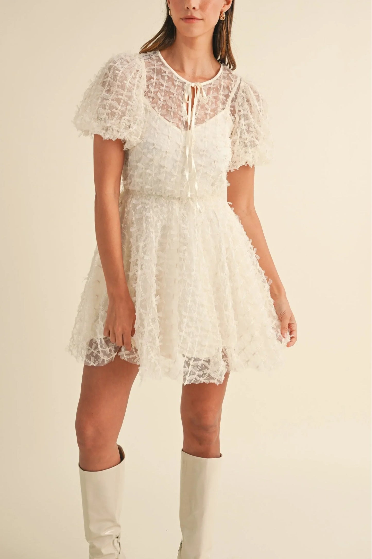 Textured Mesh Puff Sleeve Babydoll Mini Dress — Delicate Feminine Lined Statement Style - Mini Dresses
