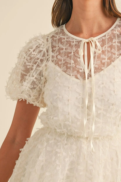 Textured Mesh Puff Sleeve Babydoll Mini Dress — Delicate Feminine Lined Statement Style - Mini Dresses