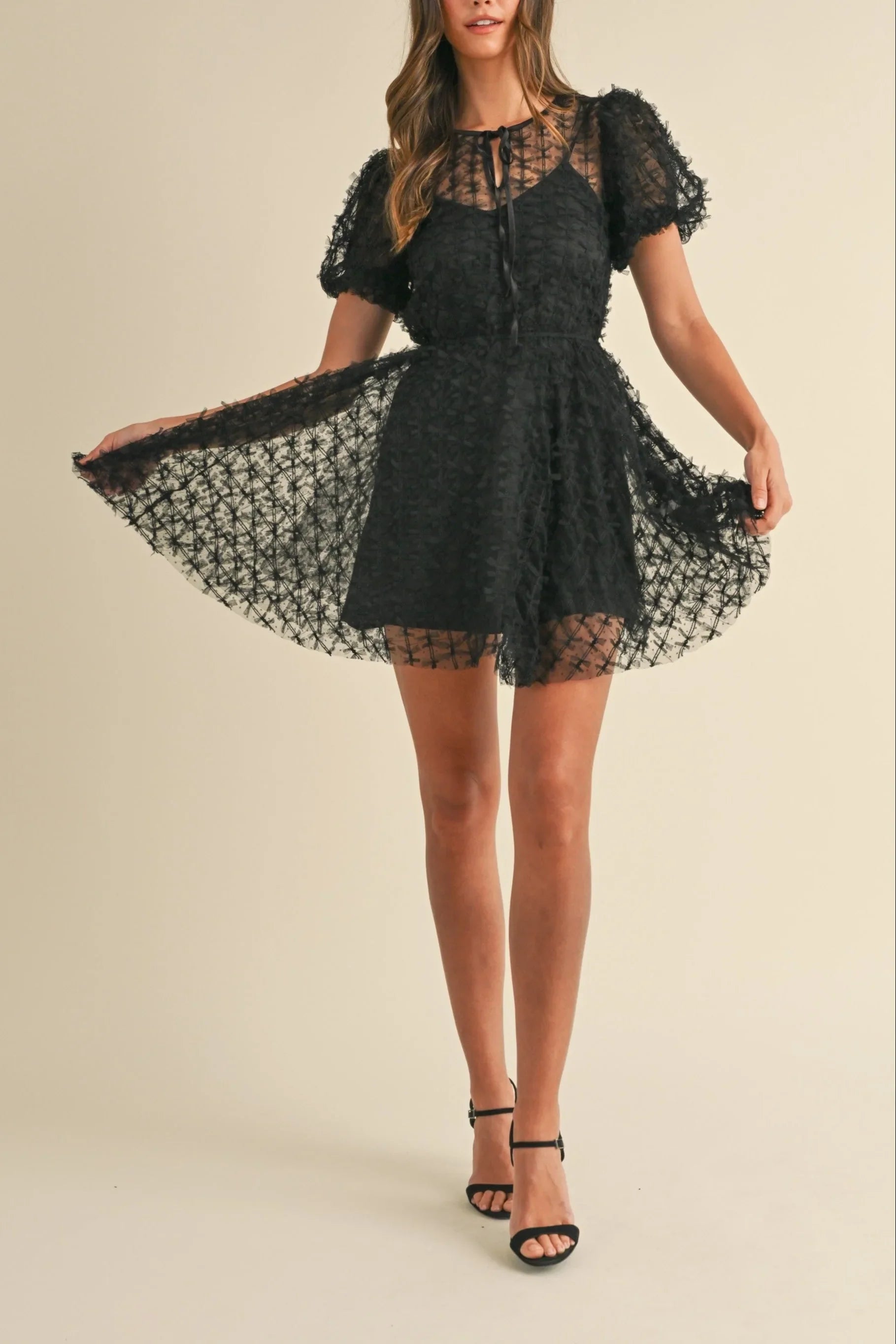 Textured Mesh Puff Sleeve Babydoll Mini Dress — Delicate Feminine Lined Statement Style - Mini Dresses