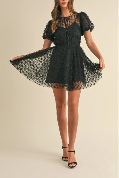 Textured Mesh Puff Sleeve Babydoll Mini Dress — Delicate Feminine Lined Statement Style - Mini Dresses