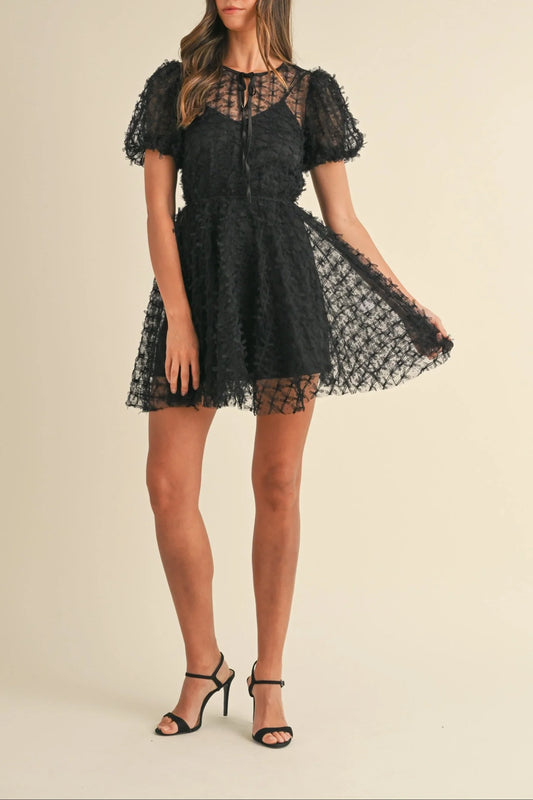 Textured Mesh Puff Sleeve Babydoll Mini Dress — Delicate Feminine Lined Statement Style