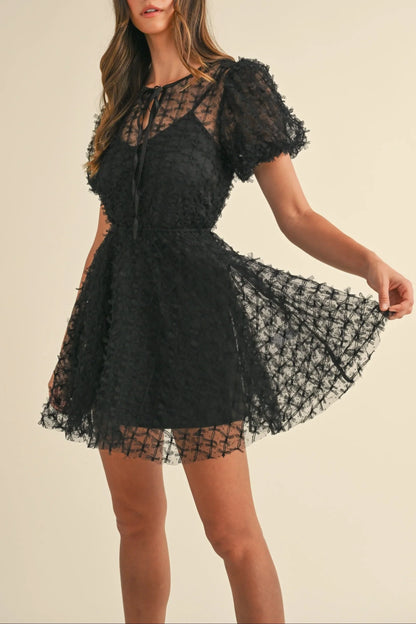 Textured Mesh Puff Sleeve Babydoll Mini Dress — Delicate Feminine Lined Statement Style - Mini Dresses