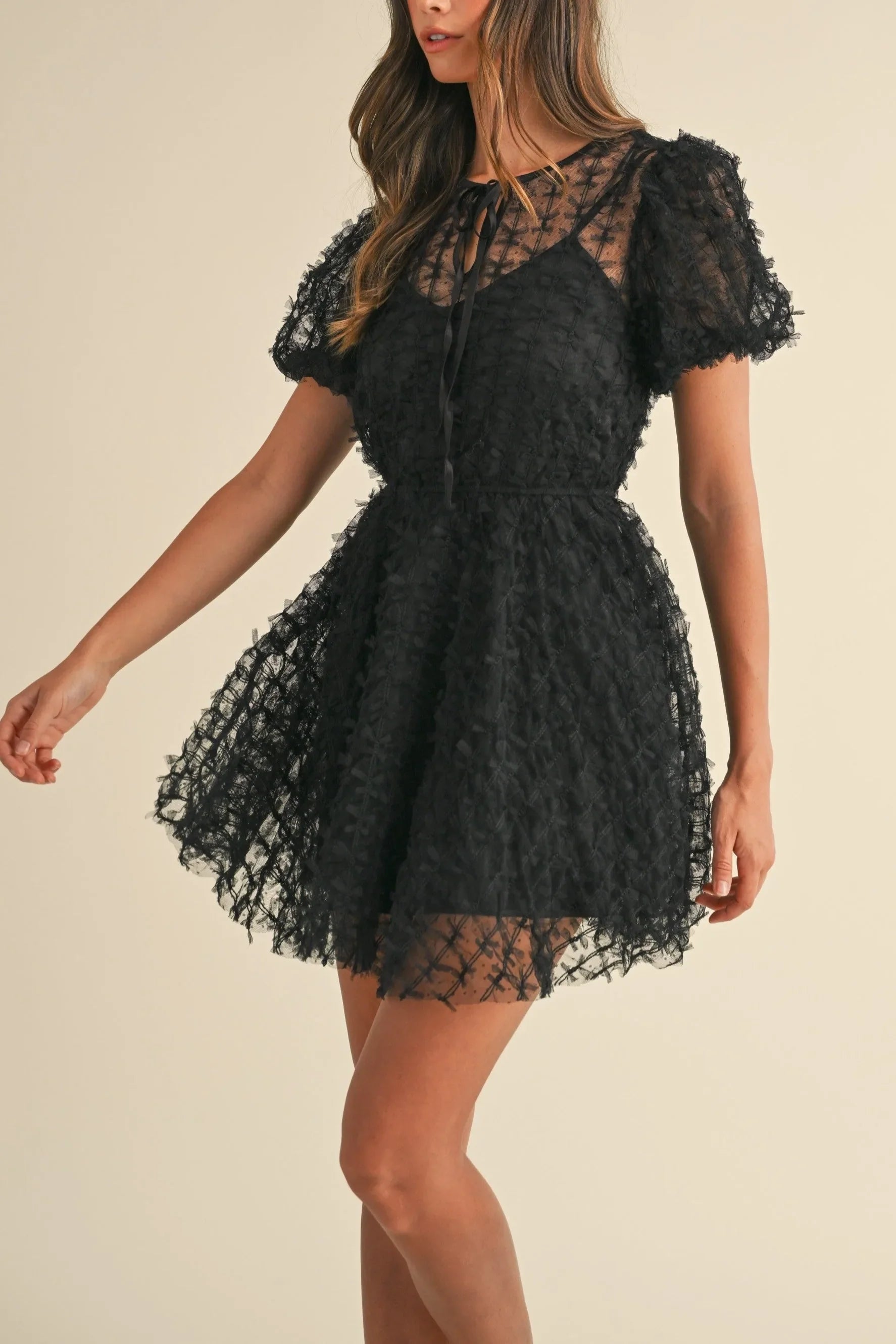 Textured Mesh Puff Sleeve Babydoll Mini Dress — Delicate Feminine Lined Statement Style - Mini Dresses