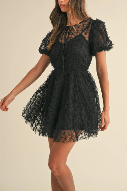 Textured Mesh Puff Sleeve Babydoll Mini Dress — Delicate Feminine Lined Statement Style - Mini Dresses