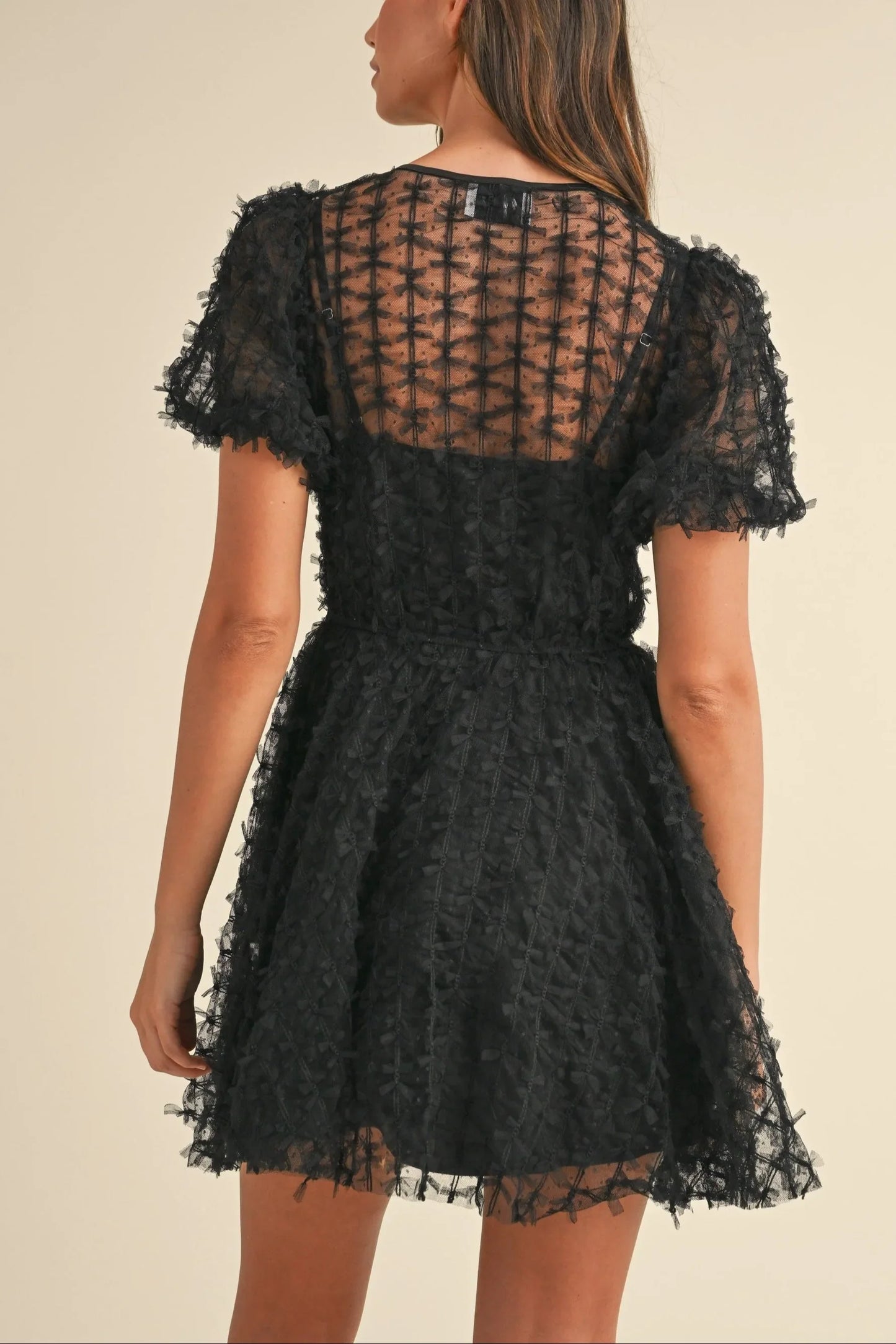 Textured Mesh Puff Sleeve Babydoll Mini Dress — Delicate Feminine Lined Statement Style - Mini Dresses