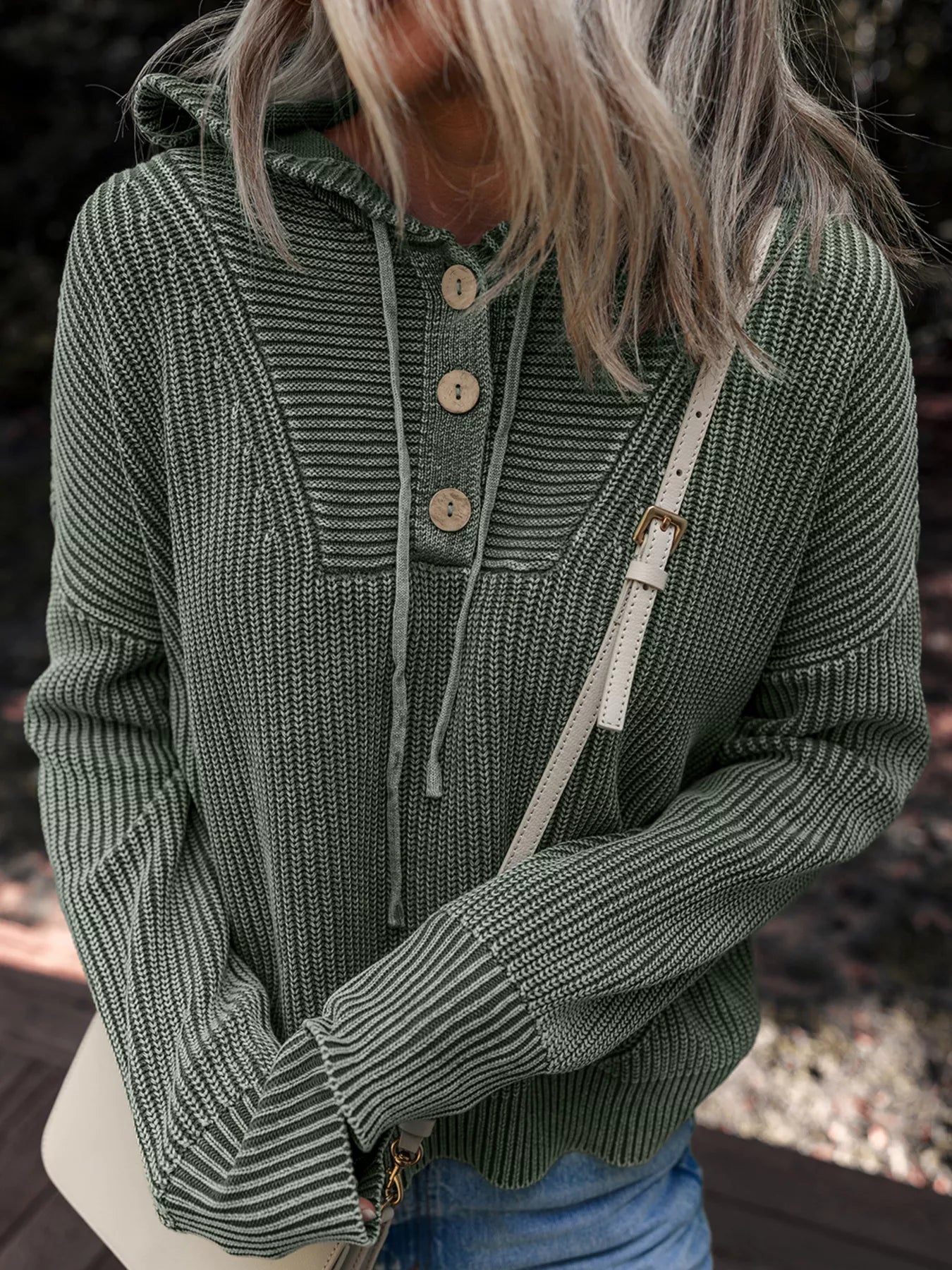 Women's Mineral Wash Ribbed Knit Hooded Sweater - Pullover Hoodies