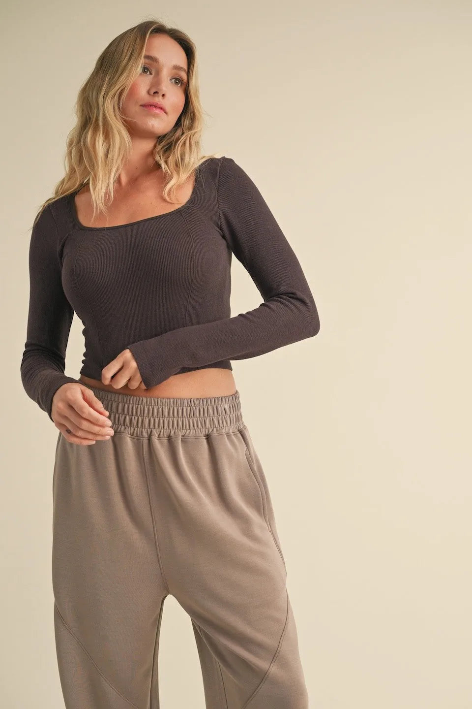 Square Neck Long Sleeve Fitted Top — Stylish Flattering Versatile Everyday Style - Tops