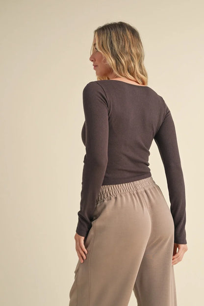 Square Neck Long Sleeve Fitted Top — Stylish Flattering Versatile Everyday Style - Tops