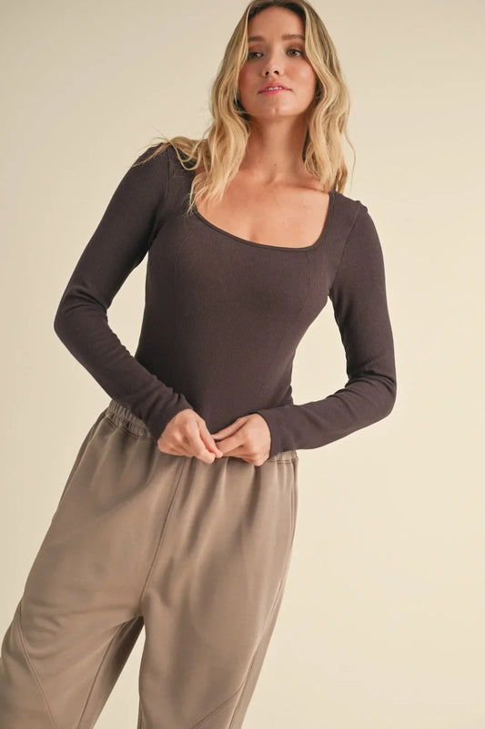 Square Neck Long Sleeve Fitted Top — Stylish Flattering Versatile Everyday Style - Chocolate Tops