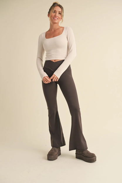Square Neck Long Sleeve Fitted Top — Stylish Flattering Versatile Everyday Style - Tops