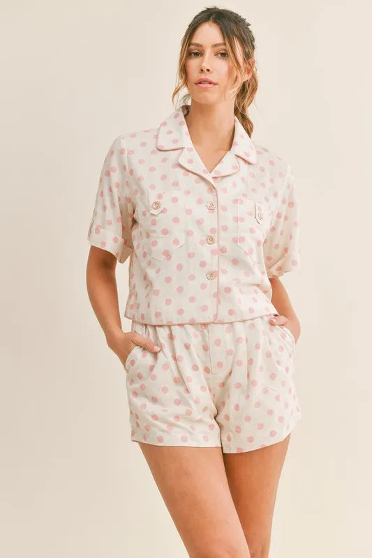 Polka Dot Collar Crop Top And Short Lounge Set - Pink Loungewear