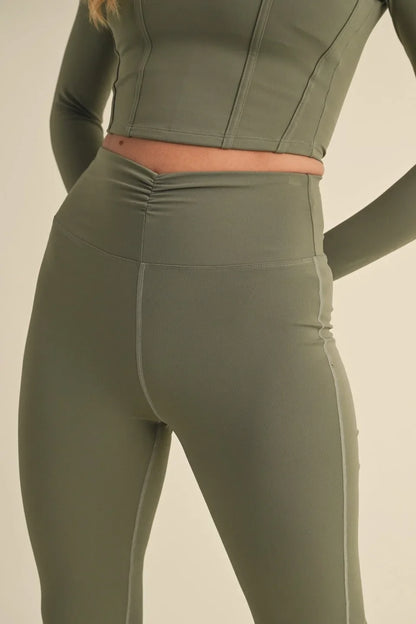 Ruched Waist Flare Leggings with High-Rise Fit - Active Leggings