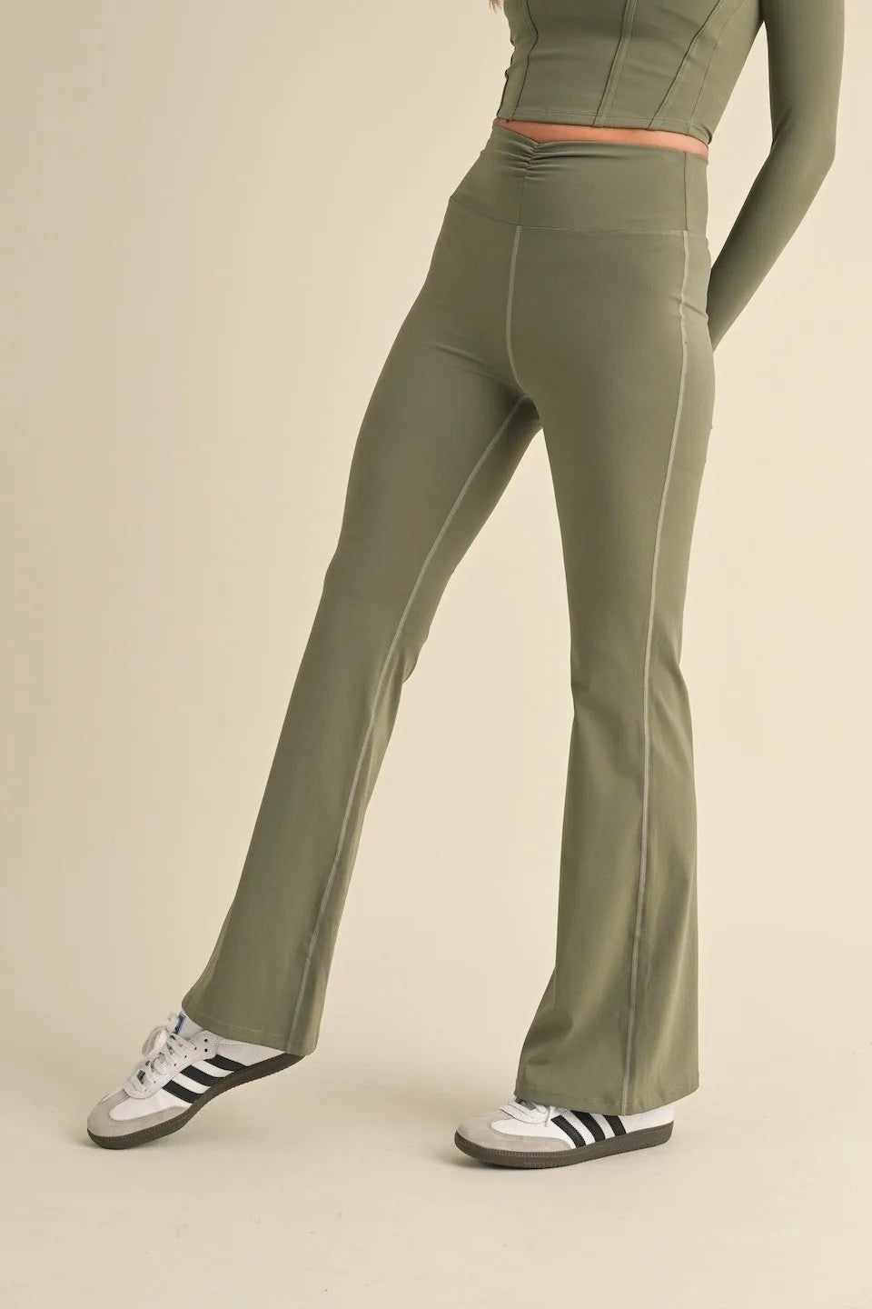 Ruched Waist Flare Leggings with High-Rise Fit - Sage Active Leggings