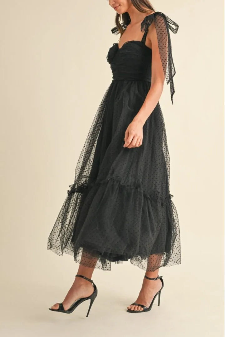 Polka Dot Mesh Sweetheart Neckline Self-Tie Shoulder Midi Dress — Charming Flirty Feminine Style - Midi Dresses