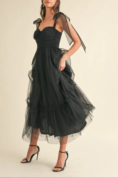 Polka Dot Mesh Sweetheart Neckline Self-Tie Shoulder Midi Dress — Charming Flirty Feminine Style - Midi Dresses