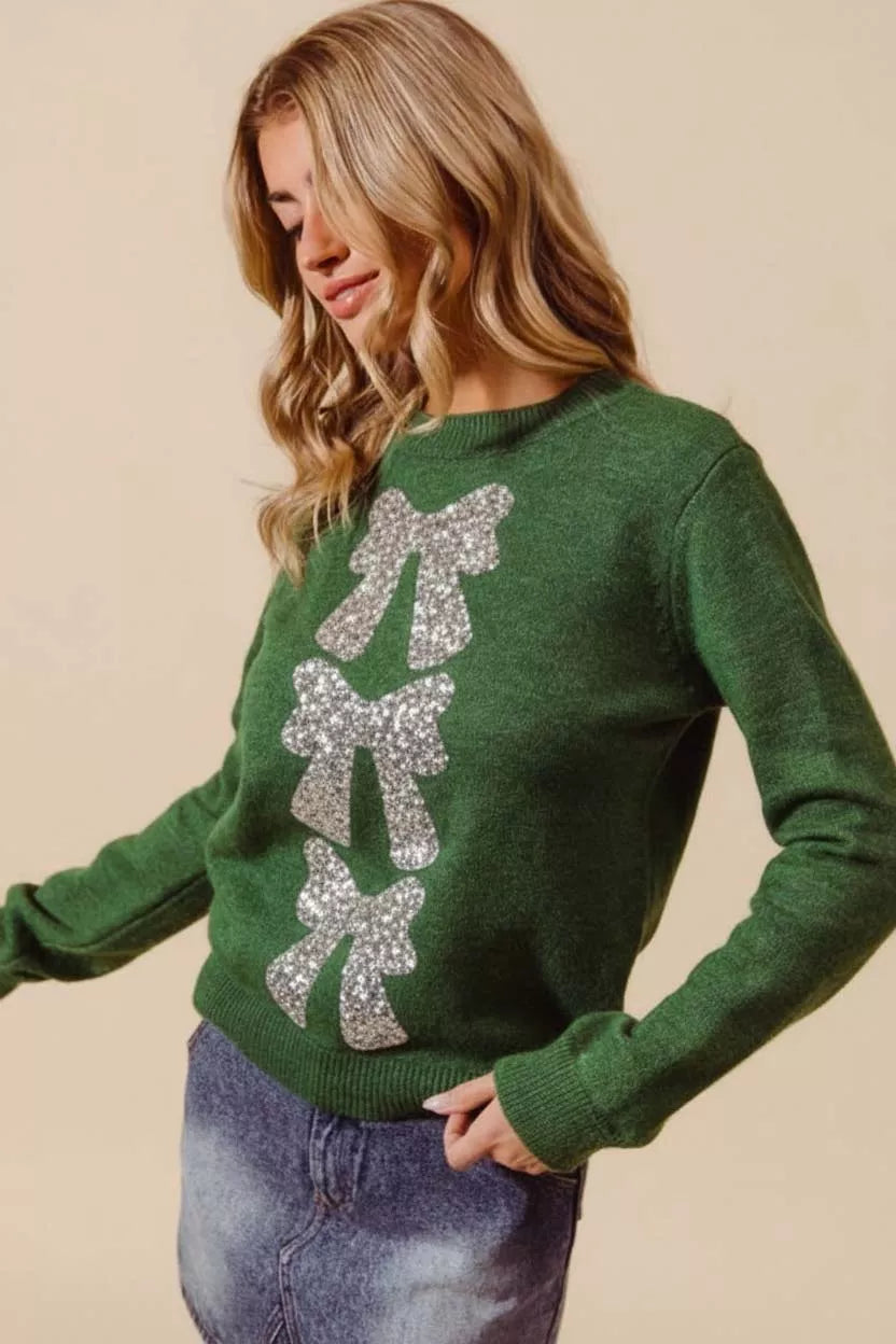 Hunter Green Sequins Bow Christmas Sweater | Trendy Sweaters Outfit Idea for Women by Ro + Ivy | Elevated Basics, Modern Comfort & Style