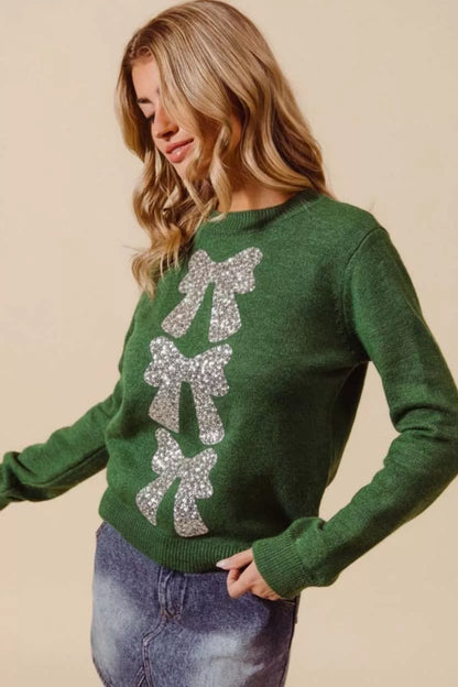 Hunter Green Sequins Bow Christmas Sweater | Trendy Sweaters Outfit Idea for Women by Ro + Ivy | Elevated Basics, Modern Comfort & Style