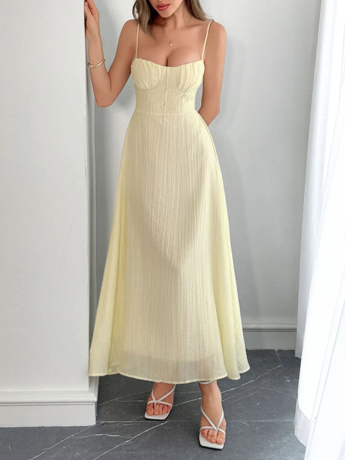Texture Sweetheart Neck Backless Spaghetti Strap Maxi Dress - Maxi Dresses