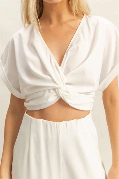 Twisted Front Short Sleeve Top And Wide Leg Pants Set – outfit idea for women | Ro + Ivy