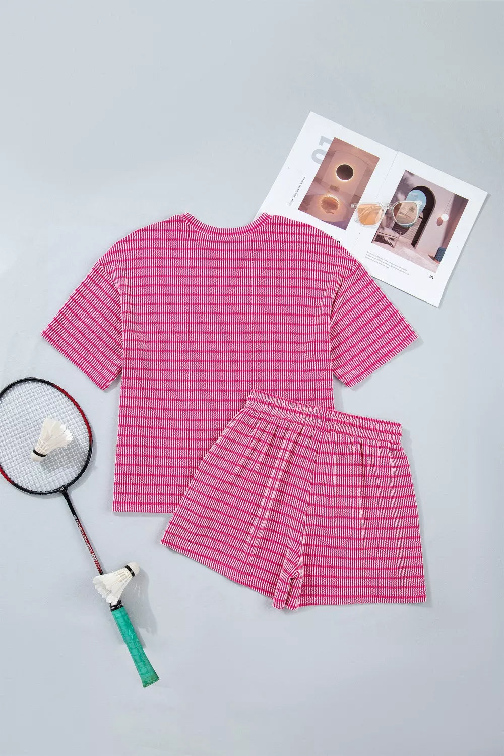 Women's Striped Raised Rib Loose Tee and Drawstring Shorts Set - Matching Sets