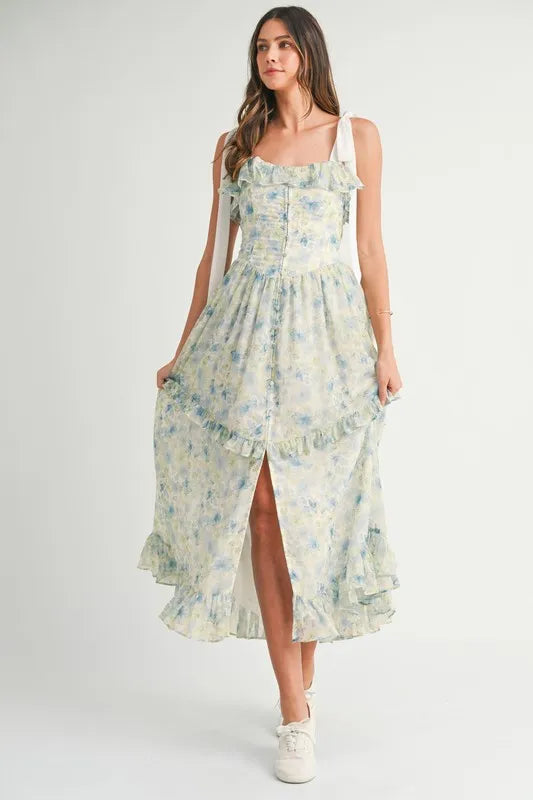 Floral Printed Shoulder Strap Midi Dress – outfit idea for women | Ro + Ivy