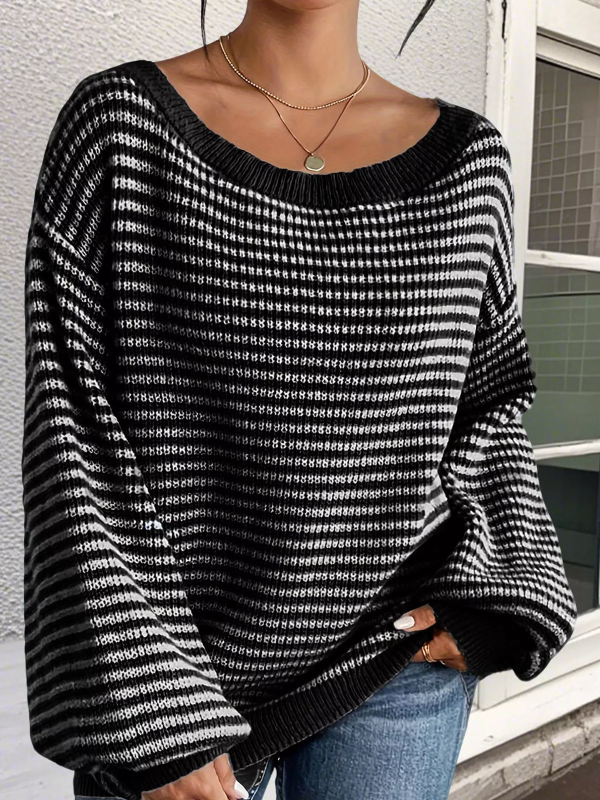 Oversized Striped Ribbed Knit Sweater with Boat Neck Black